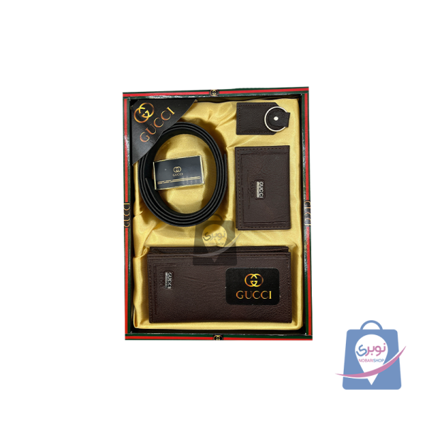 ست هدیه مردانه چهار تکه کمر کیف پول بلند جا کارت جا کلید GUCCI