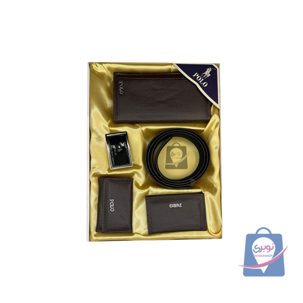ست هدیه مردانه چهار تکه کمر کیف پول بلند جا کارت جا کلید POLO